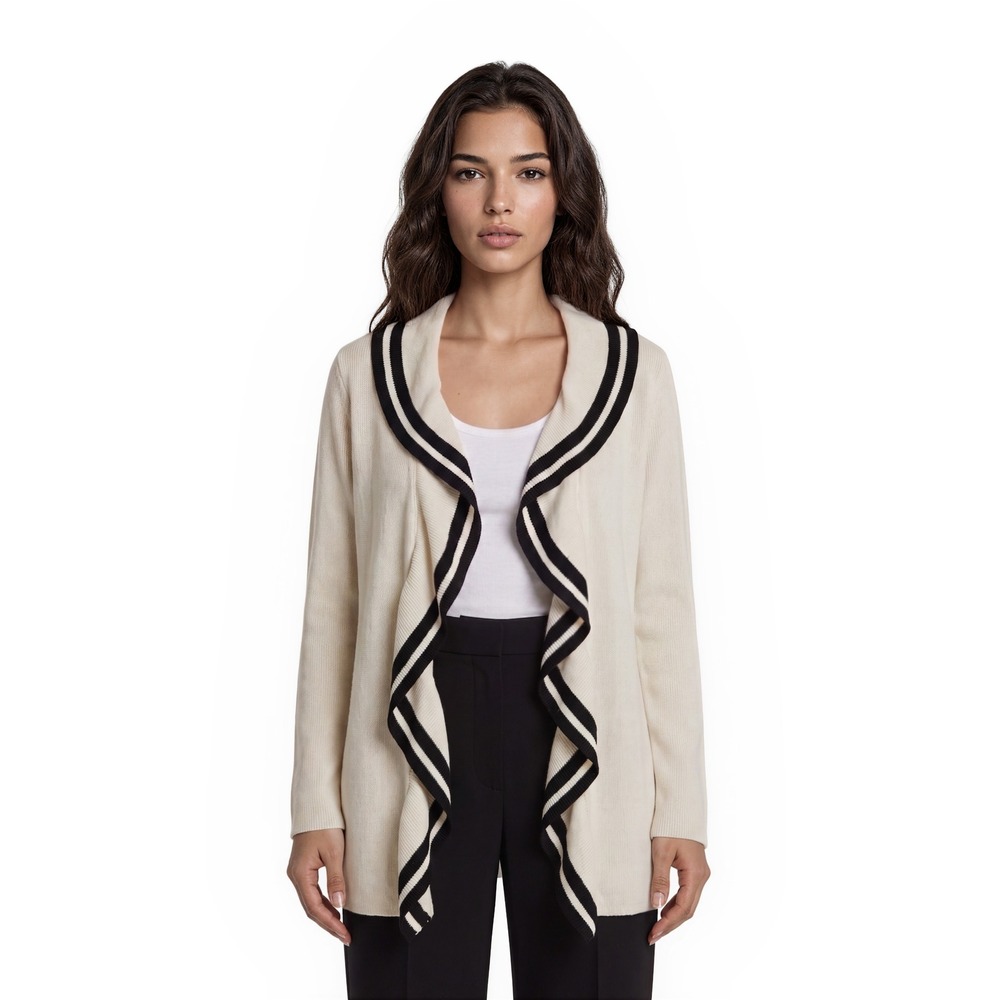 Lauren Ralph Lauren Open Cardigan Sweater Women's Size Large Cream Black Ruffle